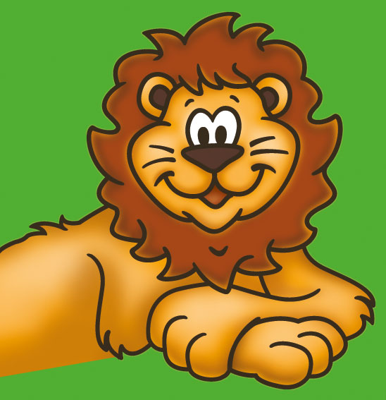 Illustrierter Löwe mit Mähne auf grünem Grund aus der Kids-Zoo-Reihe