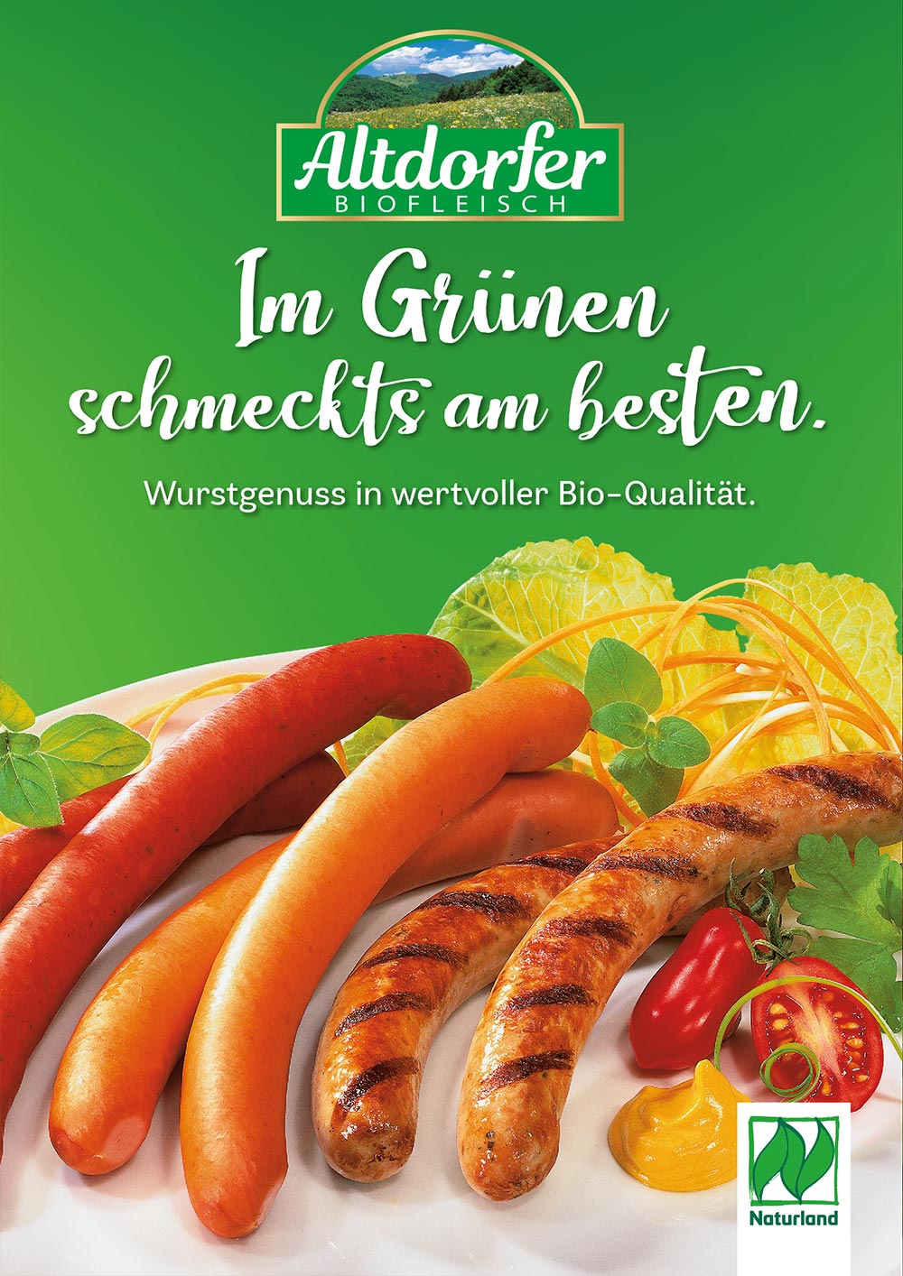 Plakat „Im Grünen schmeckts am besten“ mit Wiener, Bratwürsten und Grillgemüse