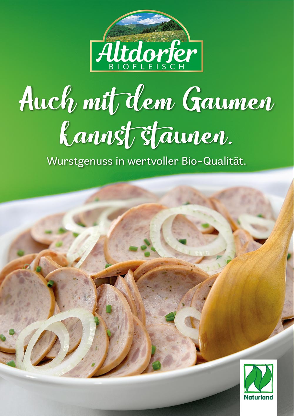 Plakat „Auch mit dem Gaumen kannst staunen“ mit Wurstsalat und Zwiebelringen