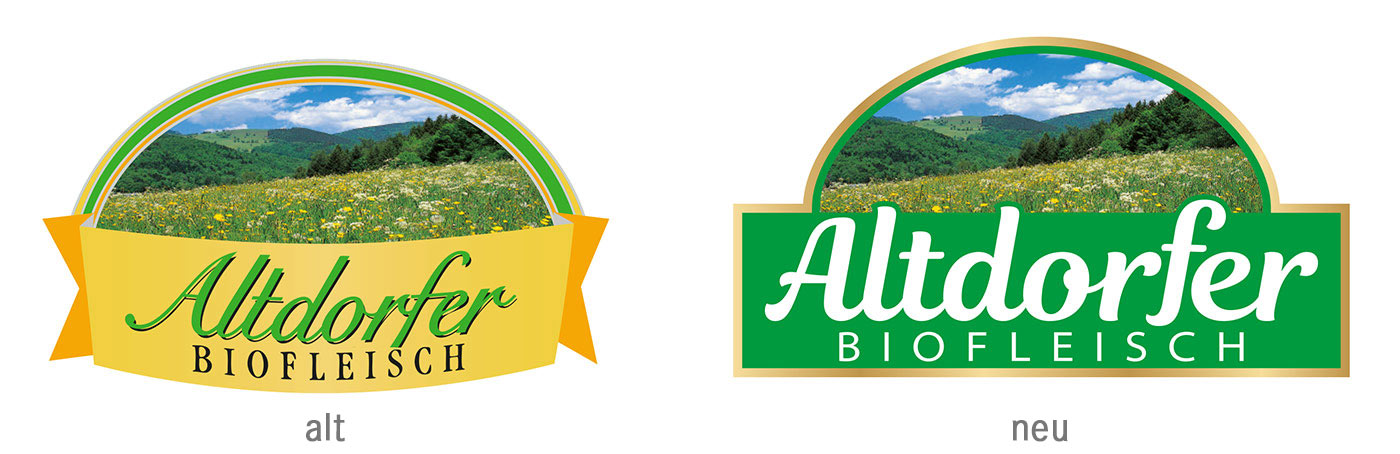 Altes und neues Altdorfer-Biofleisch-Logo nebeneinander, beschriftet mit „alt“ und „neu“
