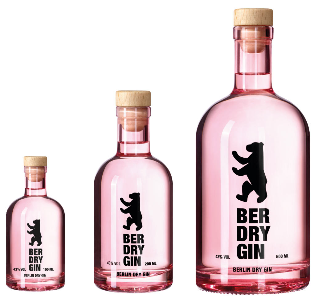 BER DRY GIN in drei Flaschengrößen — 100, 200 und 500 Milliliter, mit Berliner Bär