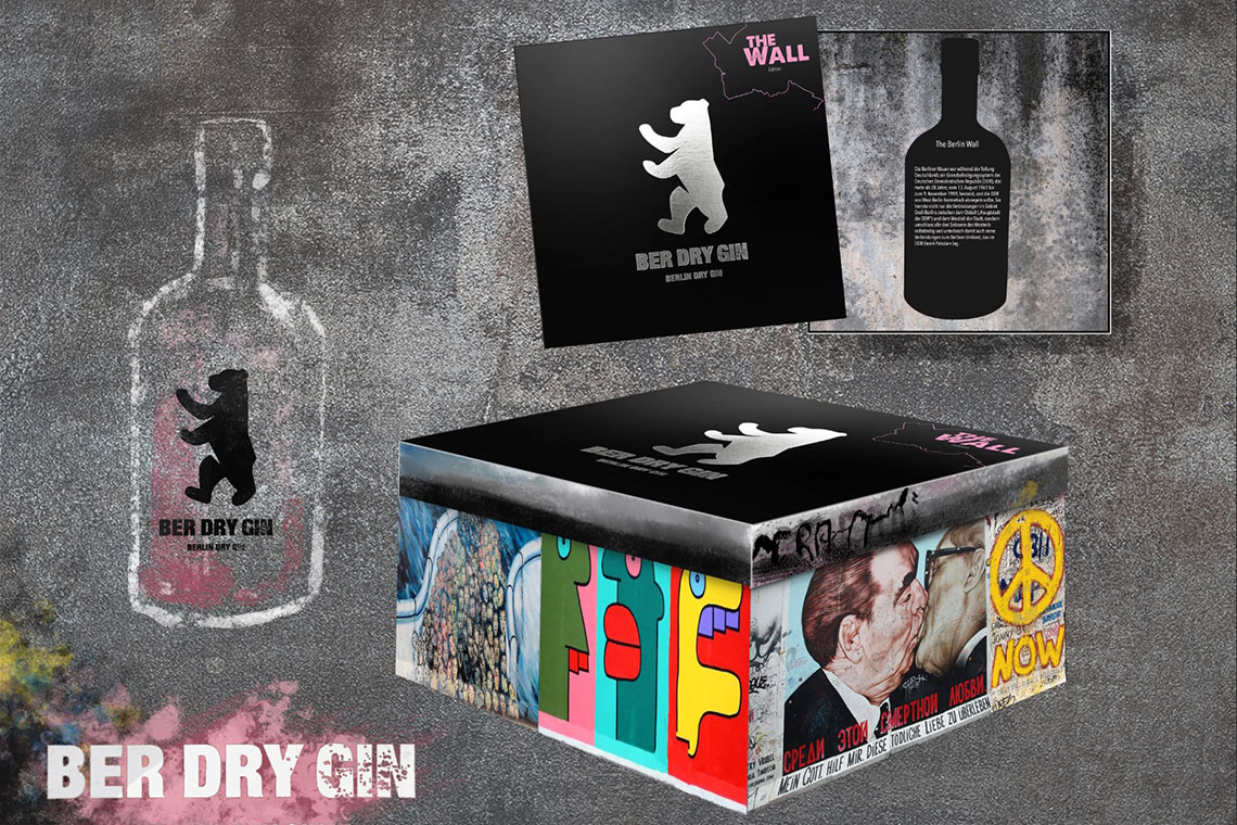 Geschenkbox der BER-DRY-GIN-Sonderedition mit Motiven der East Side Gallery