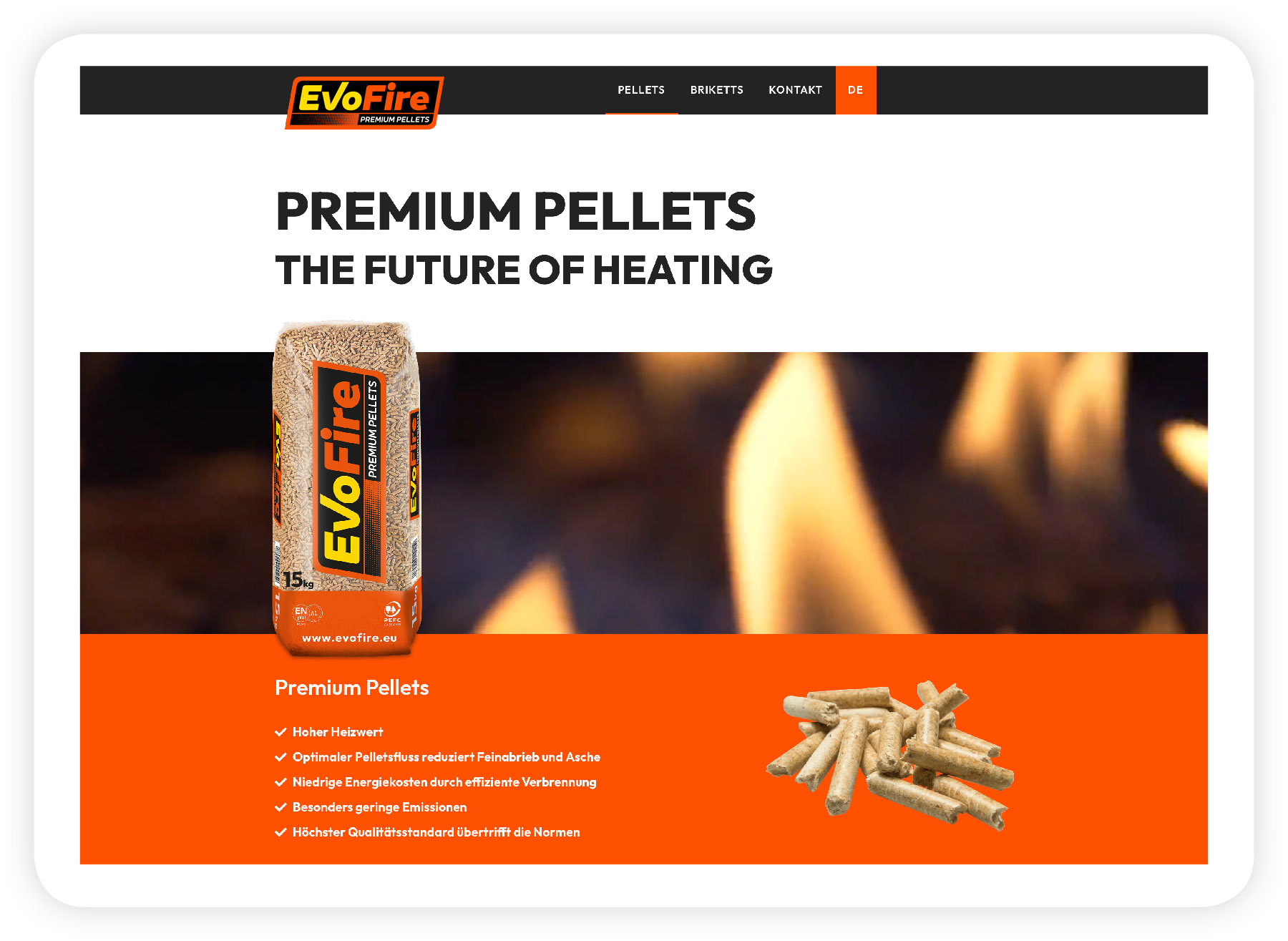 Startseite von evofire.eu mit dem Claim „Premium Pellets — The future of heating“