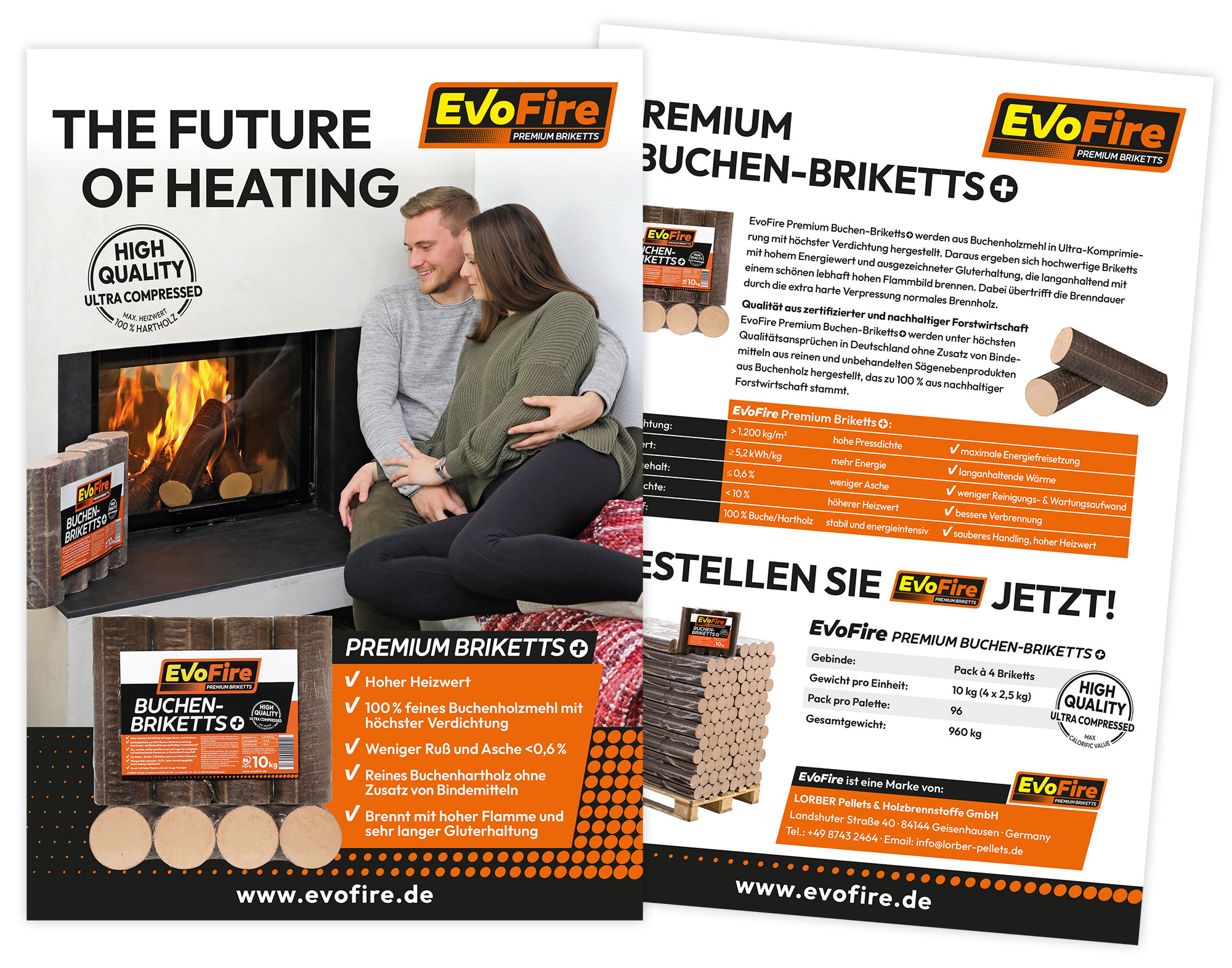 Deutsches Verkaufsblatt für EvoFire Premium Buchen-Briketts, Vorder- und Rückseite