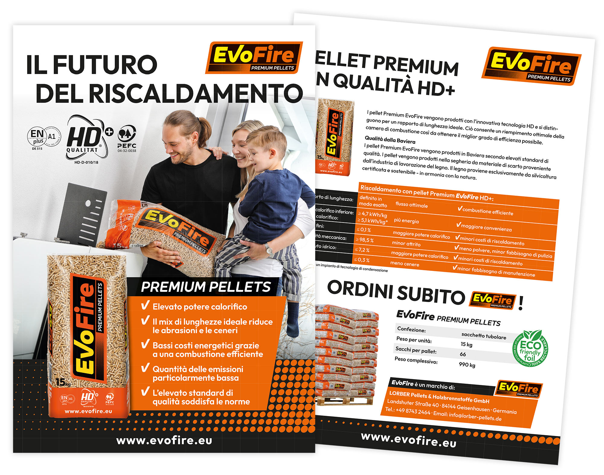 Italienisches Verkaufsblatt für EvoFire Premium Pellets, Vorder- und Rückseite