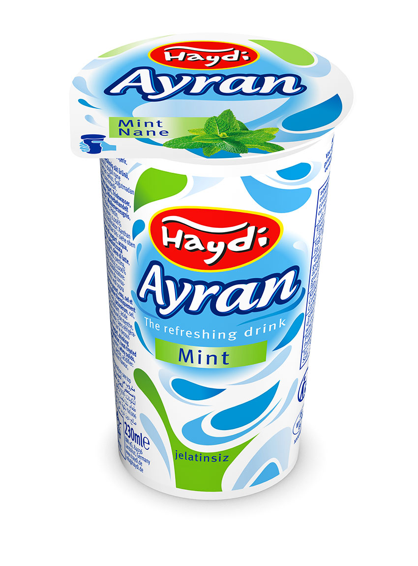 Becher Haydi Ayran Mint mit Minzblatt-Abbildung auf dem Deckel