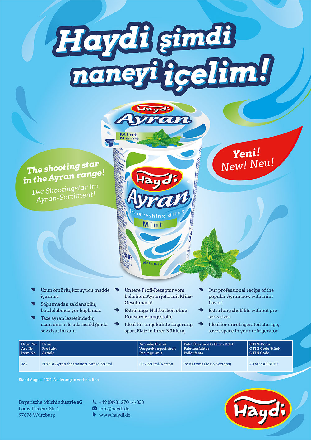 Verkaufsblatt zur Line-Extension Haydi Ayran Minze mit Produktdaten in drei Sprachen