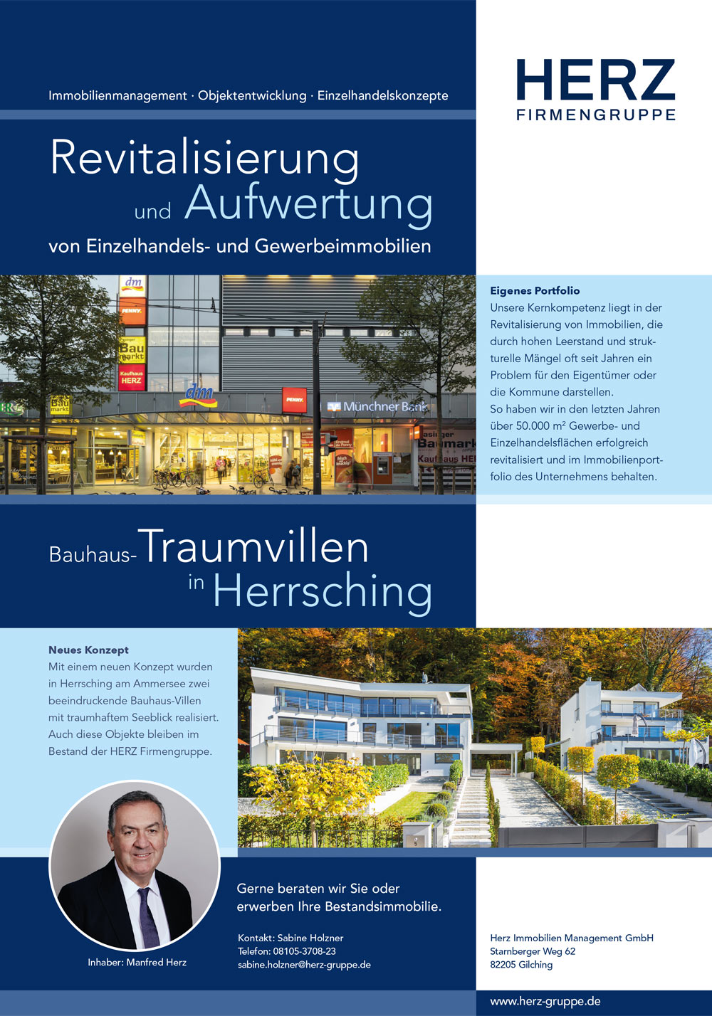 Anzeige „Revitalisierung und Aufwertung“ mit Einkaufszentrum und Bauhaus-Villen in Herrsching
