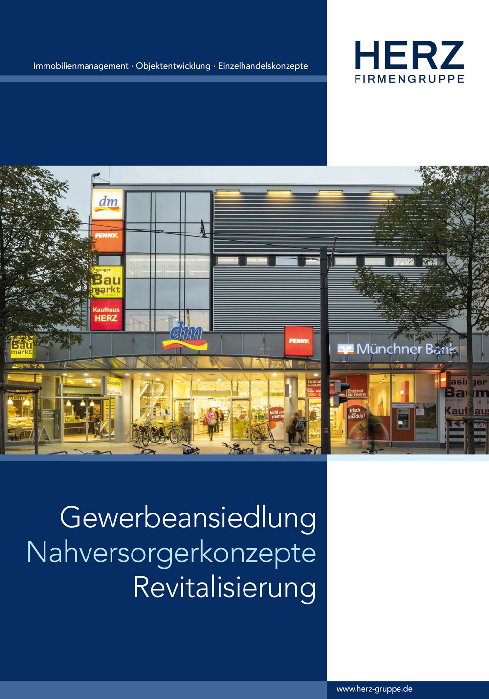 Prospekttitel „Gewerbeansiedlung, Nahversorgerkonzepte, Revitalisierung“ mit Einkaufszentrum