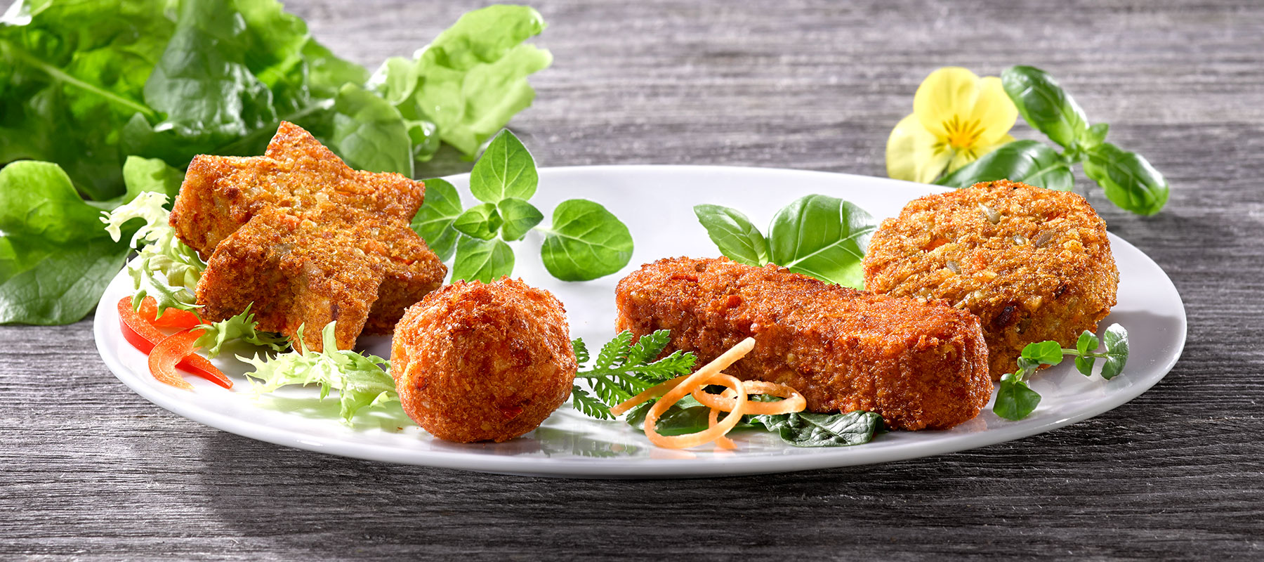 Vegane Fingerfood-Auswahl von Lotus: Sterne, Bällchen und Taler auf weißem Teller