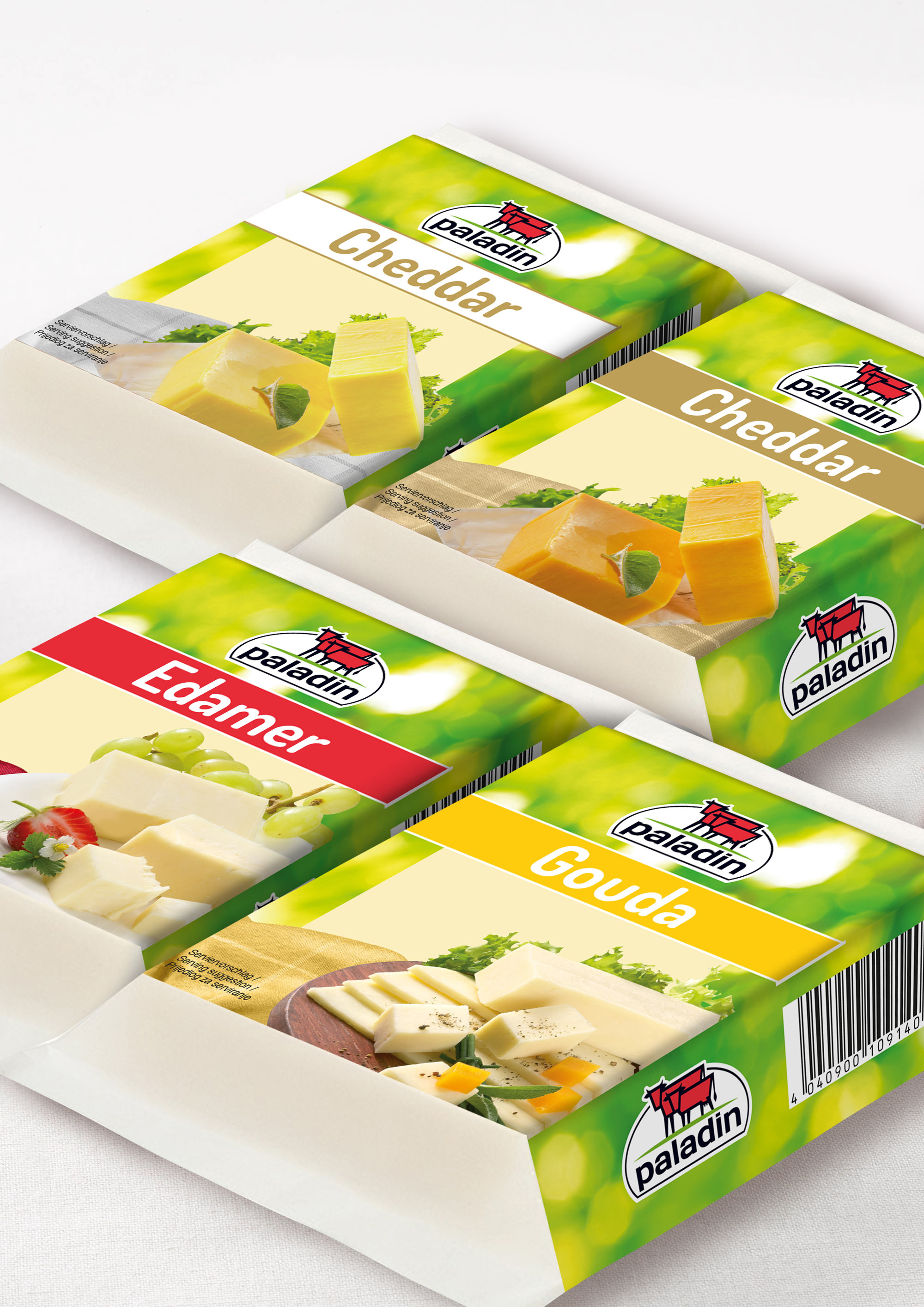 Vier Paladin-Käseriegel in Cheddar, Edamer und Gouda in grüner Verpackung