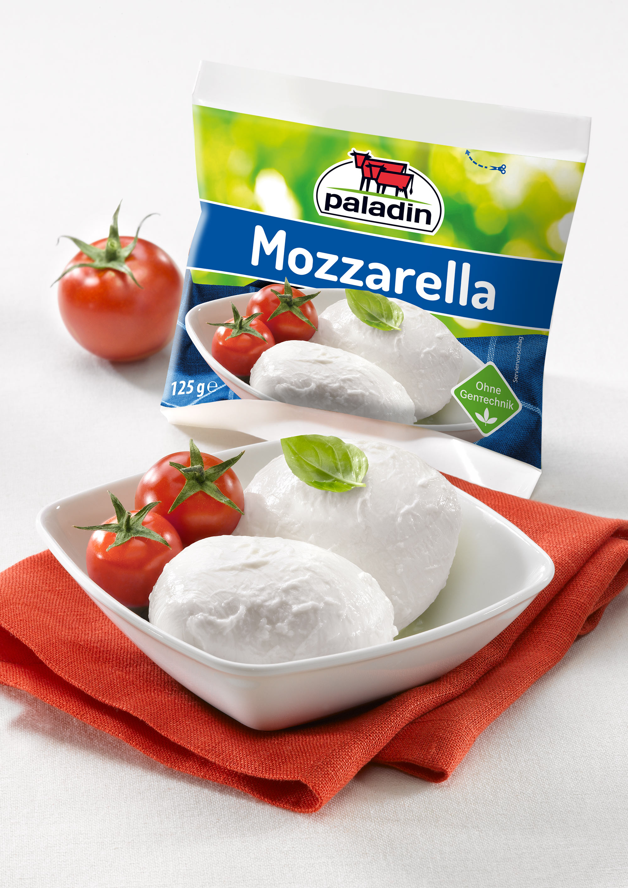 Zwei Mozzarellakugeln in weißer Schale mit Tomaten und Basilikum, dahinter die 125-g-Packung