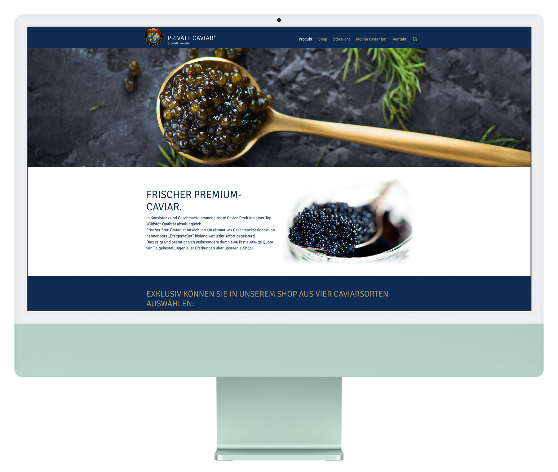 Produktseite von Private Caviar auf einem iMac mit goldenem Caviarlöffel im Kopfbereich