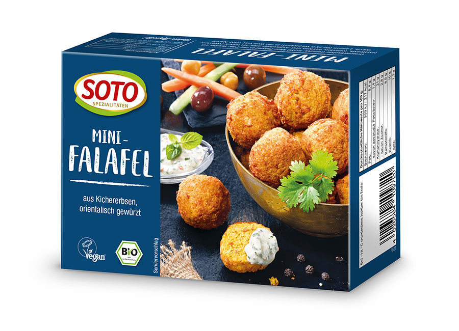 Dunkelblaue Tiefkühlpackung SOTO Mini-Falafel aus Kichererbsen