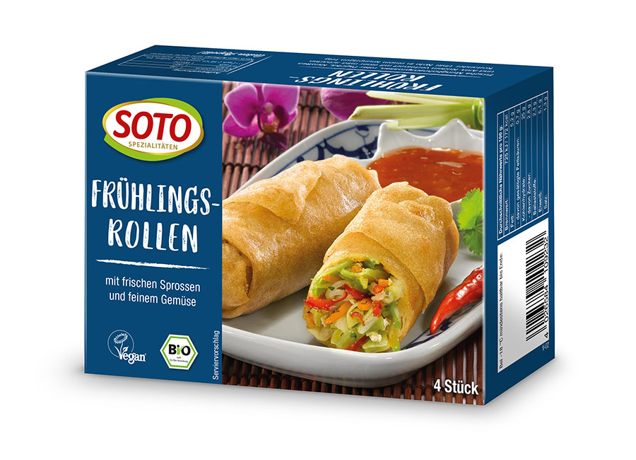 Dunkelblaue Tiefkühlpackung SOTO Frühlingsrollen mit Sprossen und Gemüse