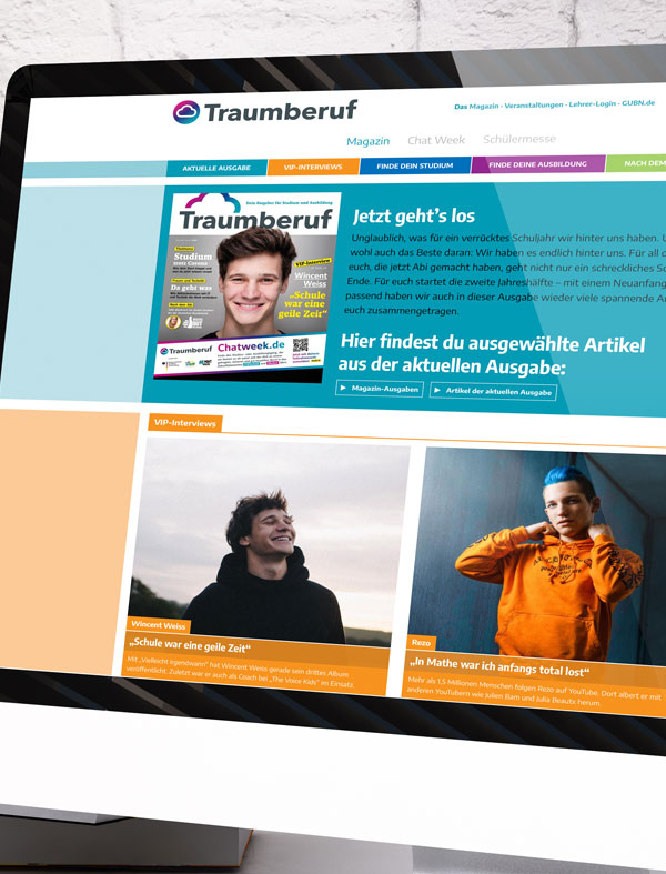 Traumberuf-Magazin als Onlineausgabe auf dem Monitor, mit VIP-Interviews