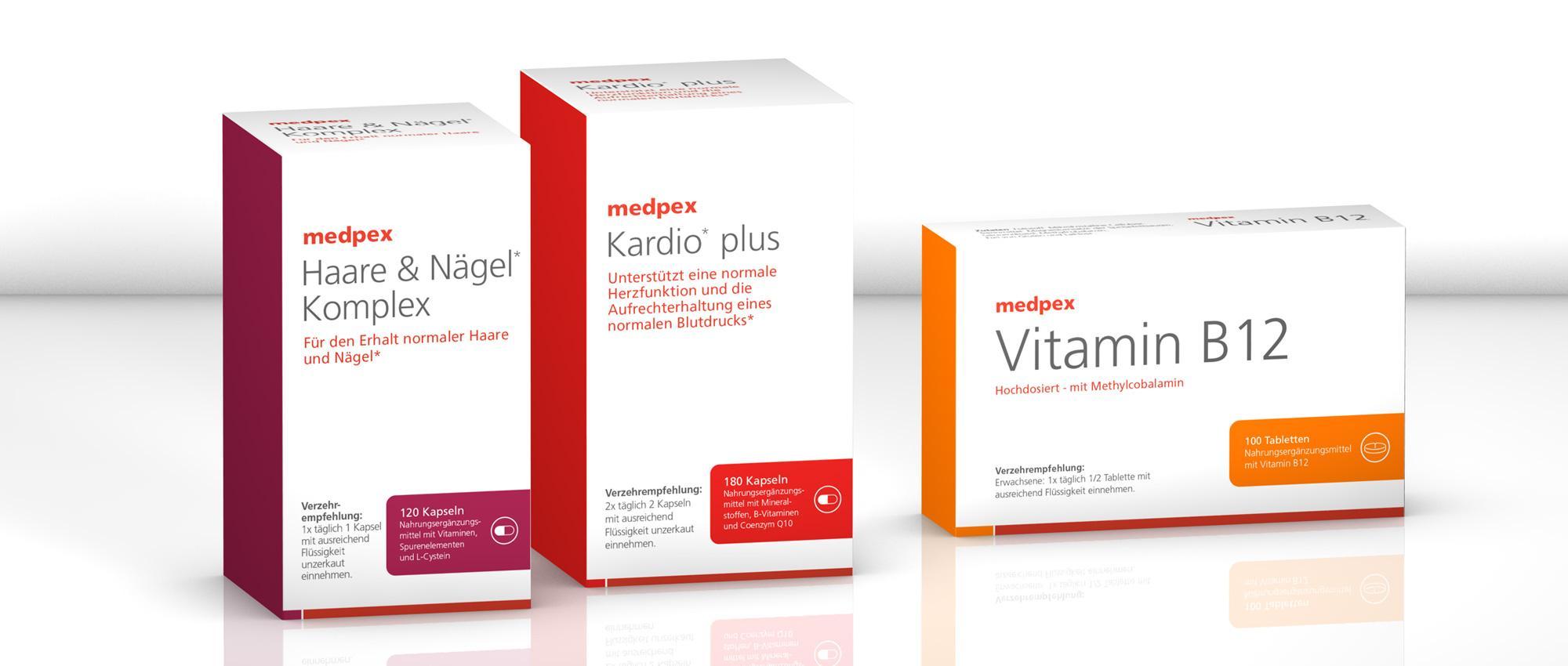 Koye-Brand designed Verpackungen für medpex Nahrungsergänzungsmittel