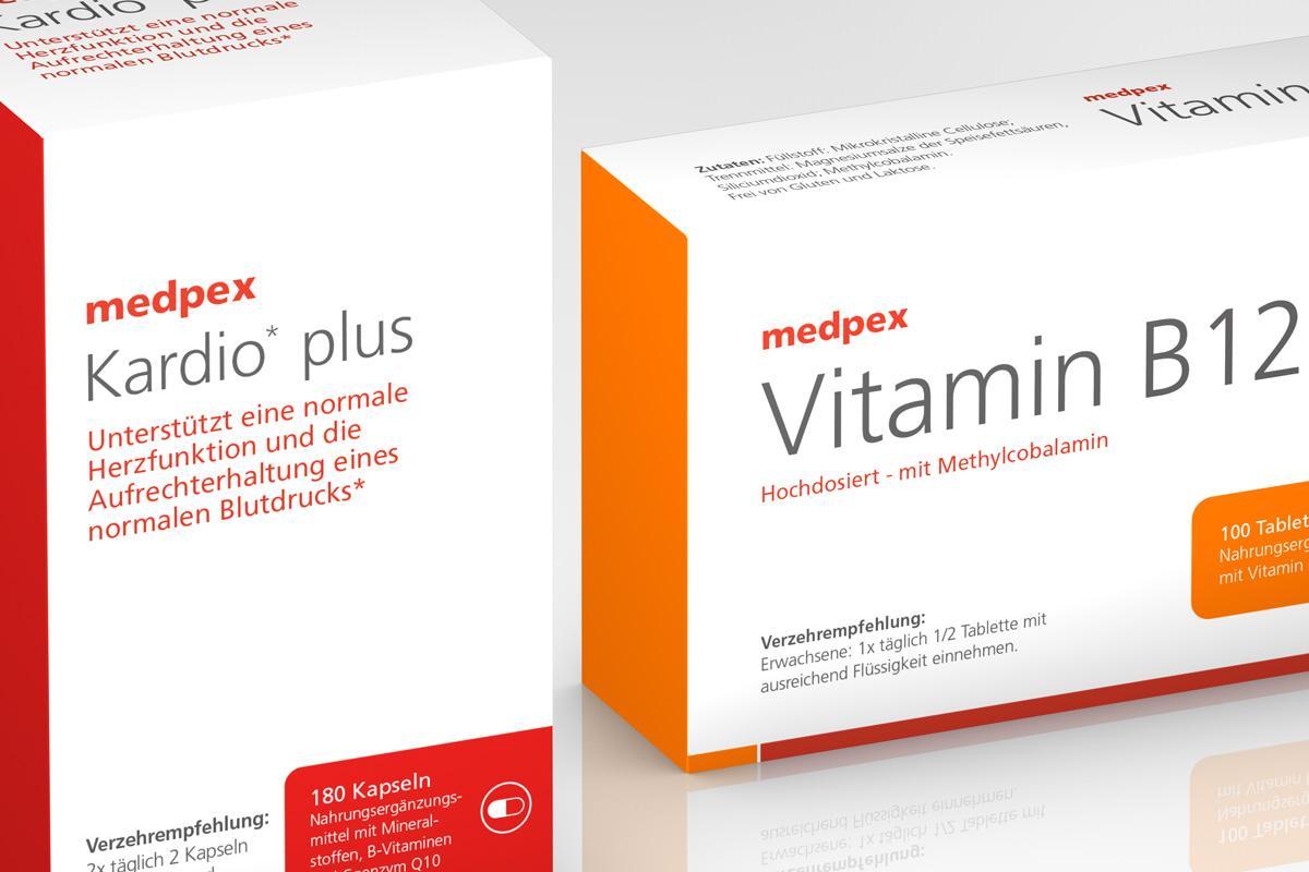 Koye-Brand designed Verpackungen für medpex Nahrungsergänzungsmittel
